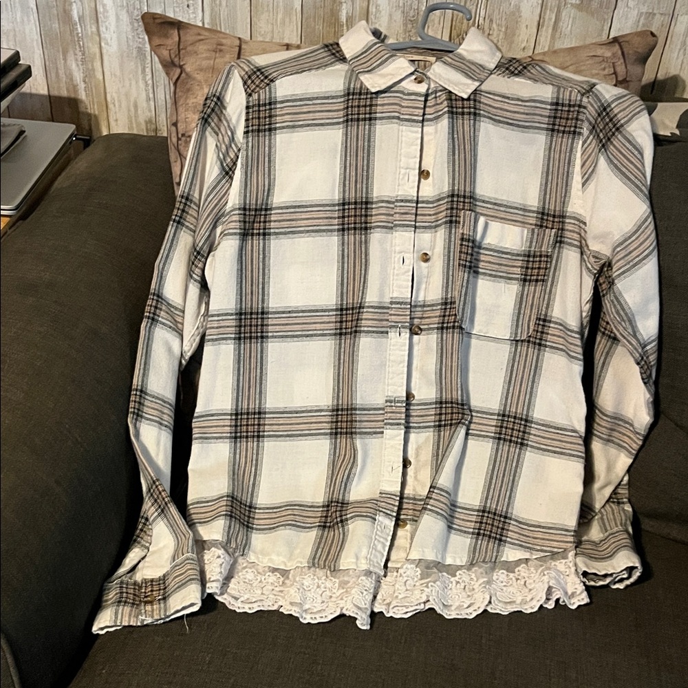 Plaid Button-Up Shirt with Lace Hem